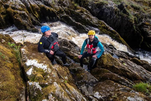 Sarah and Richard Goodey, from Lost Earth Adventures, checking the conditions at Beezley Falls, in the Yorkshire Dales, which is the name given to a set of waterfalls on the River Doe just above Baxenghyll Gorge. Picture: James Hardisty.