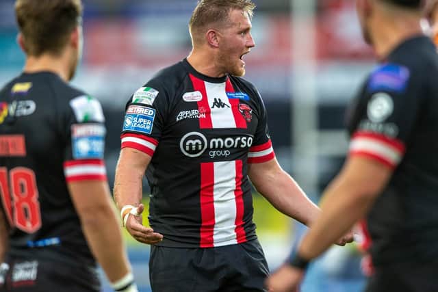 Salford Red Devils' James Greenwood cannot believe he's been sent off at Huddersfield Giants. (BRUCE ROLLINSON)