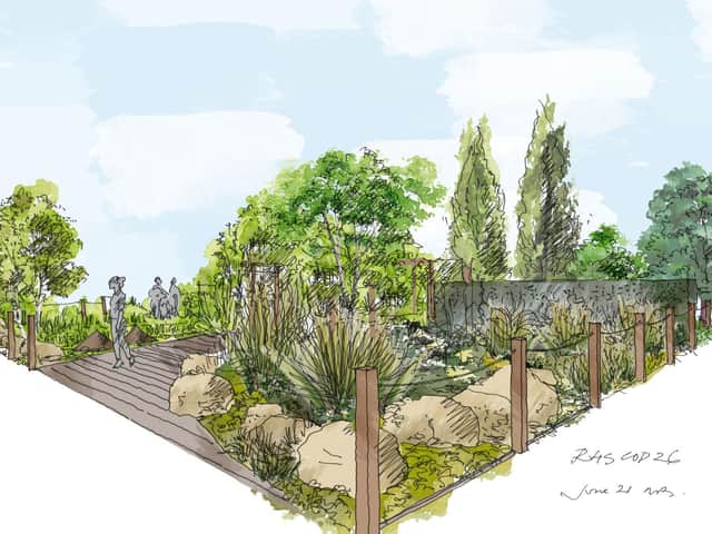 An artist illustration issued by the Royal Horticultural Society (RHS) of a Cop26 garden with a "very strong political message" on how gardening can help the environment which will feature at this year's Chelsea Flower Show.