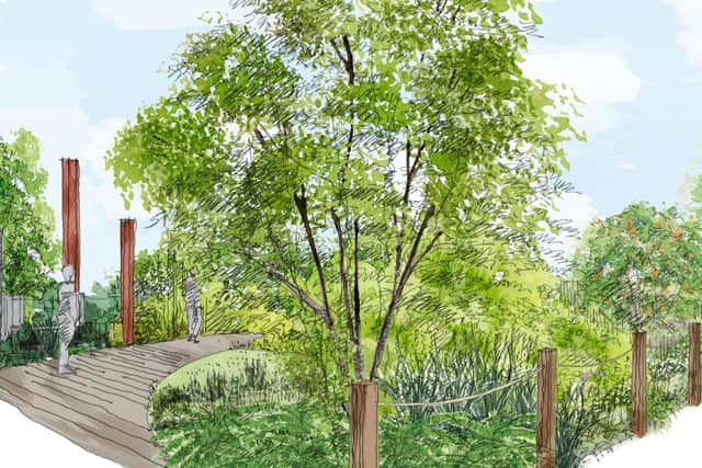 An artist illustration issued by the Royal Horticultural Society (RHS) of a Cop26 garden with a "very strong political message" on how gardening can help the environment which will feature at this year's Chelsea Flower Show.