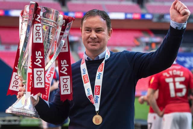 PAST SUCCESS: Derek Adams led Morecambe to victory in the League Two play-off final earlier this year. Picture: Getty Images.