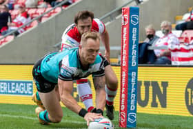 Hull FC winger Adam Swift goes over against Leigh Centurions (BRUCE ROLLINSION)