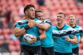 Hat-trick star: Andre Savelio celebrates  the second of his three tries for Hull at Leigh Centurions.  Pictures: Bruce Rollinson