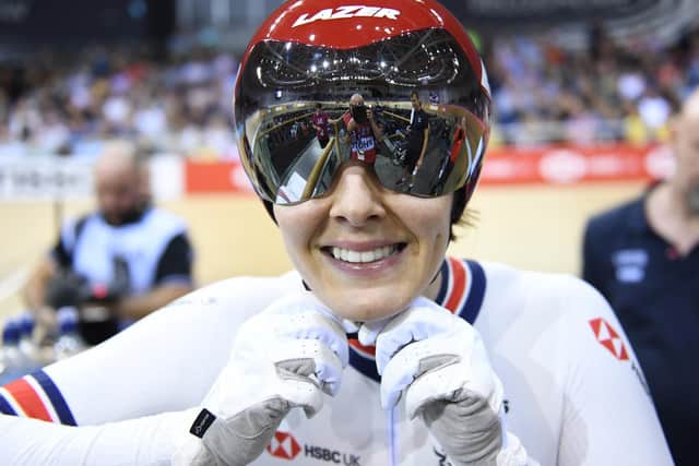 Katy Marchant of Great Britain celebrates winning the Women's Keirin at the Glasgow World Cup (Picture: Simon Wilkinson/SWpix.com)