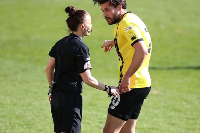 PROMOTION: Rebecca Welch speaks to harrogate Town's Connor Hall on her Football League debut