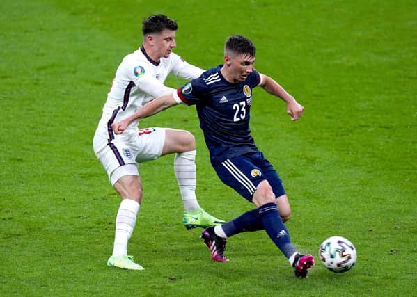 FLASHPOINT: England's Mason Mount (left) and Scotland's Billy Gilmour battle for the ball at Wembley last Friday. Picture: Mike Egerton/PA