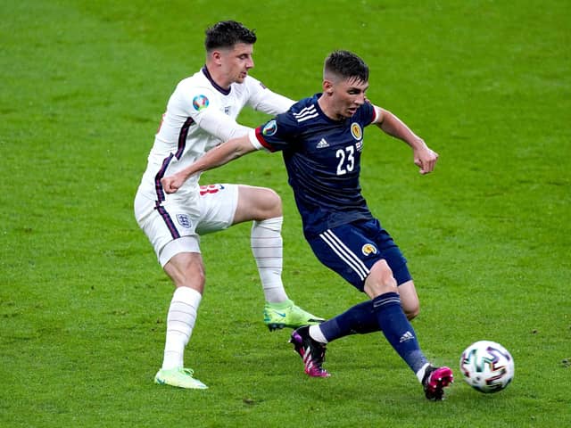 FLASHPOINT: England's Mason Mount (left) and Scotland's Billy Gilmour battle for the ball at Wembley last Friday. Picture: Mike Egerton/PA