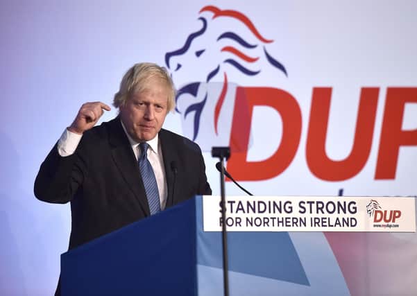 Conservative party MP Boris Johnson delivers his speech during the Democratic Unionist Party annual conference at the Crown Plaza Hotel on November 24, 2018 in Belfast, Northern Ireland. The DUP strongly oppose the propsed Brexit deal brokered between the UK government and the EU. The DUP currently props up the Conservative UK government following the last general election.