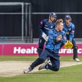 What a catch: Yorkshire's Dom Bess brilliantly claims a return catch off Derbyshire's Leus Du Plooy. Picture: Tony Johnson