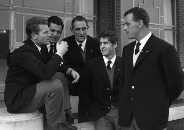 Giampiero Boniperti with Juventus teammates in December 1957. From left: Boniperti, Stivanello, Nay, Turchi and John Charles.