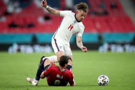 Ever-present: England's Kalvin Phillips and Czech Republic's Tomas Holes battle for the ball during the UEFA Euro 2020 Group D match at Wembley. Picture: PA.