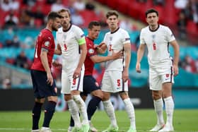 England's Harry Kane (9), John Stones (5) and Harry Maguire (6) in action against the Czech Republic. Picture: Nick Potts/PA Wire.