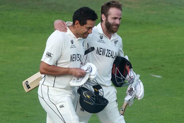 New Zealand captain Kane Williamson (right) and Ross Taylor celebrate winning the match after day six of the ICC World Test Championship Final match at The Ageas Bowl, Southampton. Picture: Adam Davy/PA Wire.