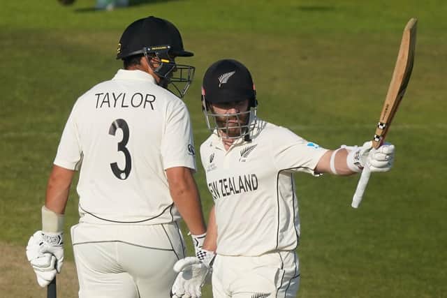 New Zealand's Kane Williamson raises his bat after reaching 50 runs during day six of the ICC World Test Championship Final match at The Ageas Bowl, Southampton. Picture: Adam Davy/PA Wire.