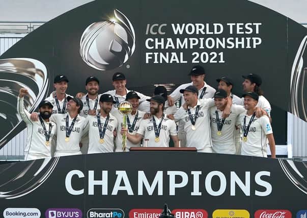 New Zealand celebrate after defeating India during day six of the ICC World Test Championship Final match at The Ageas Bowl, Southampton. Picture: Adam Davy/PA Wire.