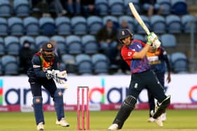 England's Jos Buttler lets loose during the Twenty20 International match against Sri Lanka at Sophia Gardens, Cardiff. Picture: David Davies/PA Wire.