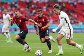 On the ball: England's Jack Grealish in the build-up to the goal during the UEFA Euro 2020 Group D match at Wembley.
