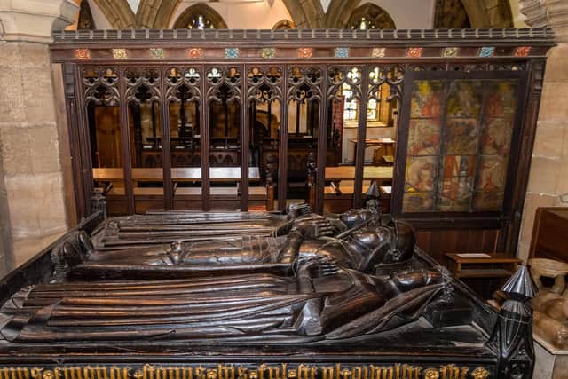 Pictured An oak tomb-chest set up in 1529 to commemorate alater Sir John (d. 1504) and his two wives. Image: James Hardisty