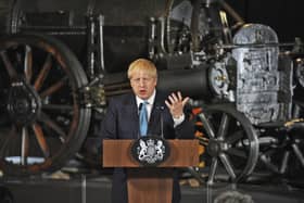 Prime Minister Boris Johnson giving a speech on domestic priorities at the Science and Industry Museum in Manchester three days after taking office in July 2019.
