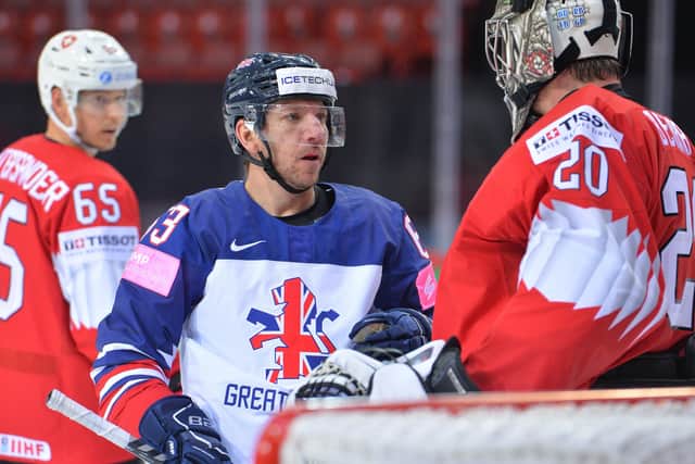 Brendan Connolly, in action for GB against Switzerland at the recent IIHF World Championship in Riga. Picture courtesy of Dean Woolley.