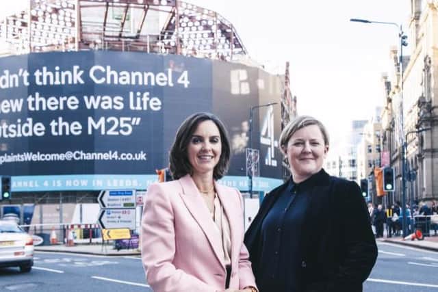 Channel 4 chief executive Alex Mahon and Sinead Rocks, Channel 4’s Managing Director, Nations & Regions, outside the broadcaster's national headquarters in Leeds in 2019