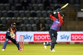 Victory: England's Sam Curran hits a six to win the Twenty20 international match at Sophia Gardens.