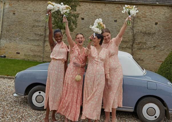 Rixo's new collection of bridesmaids dresses comes in a range of shades including this Virtues of Rosemary peach, prices £275-£315 at rixo.co.uk.