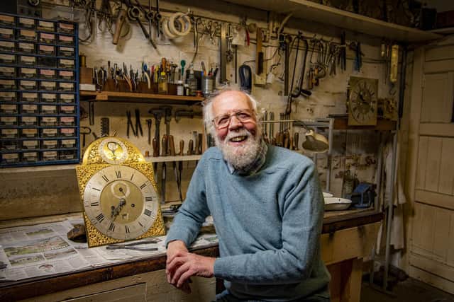 David Barker, busy in his workshop with a moon face clock dated 1750 by John Greaves in Newcastle who was a Yorkshireman. Picture Tony Johnson