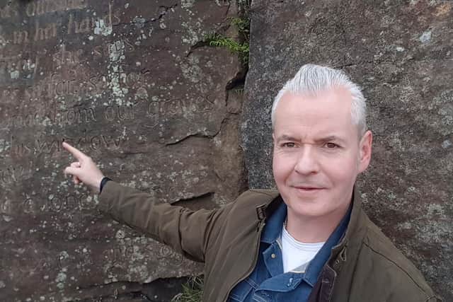 Dr Michael Stewart at the Emily Stone at Ogden Kirk near Haworth, featuring a poem written by Kate Bush about the author who inspired her classic 1978 single 'Wuthering Heights'