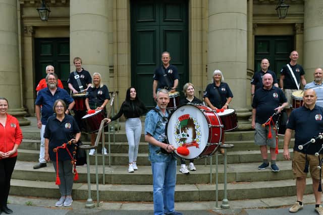 Bradford Pipe Band practicing at Saltaire United Reformed Church. Picture : Jonathan Gawthorpe