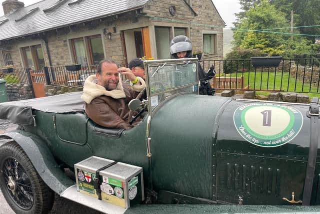 Braving the rain: vintage cars in Holmfirth this weekend for the Yorkshire Motorsport Festival (Image: Amanda Crowther)