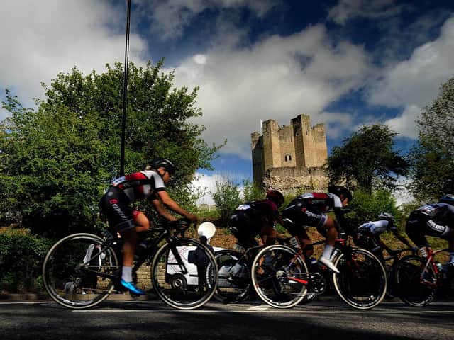 The womens race of the Tour de Yorkshire passes by Conisbrough Castle in 2018. Picture by Simon Hulme.