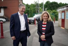 Labour party leader Sir Keir Starmer and Batley and Spen by-election candidate Kim Leadbeater tour Batley Bulldogs Rugby league stadium on June 10. Photo by Christopher Furlong/Getty Images.