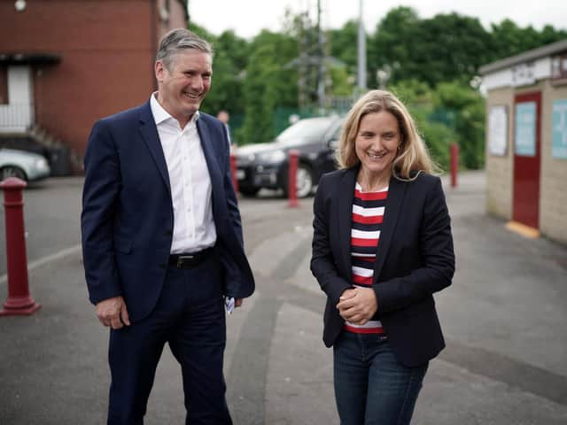Labour party leader Sir Keir Starmer and Batley and Spen by-election candidate Kim Leadbeater tour Batley Bulldogs Rugby league stadium on June 10. Photo by Christopher Furlong/Getty Images.