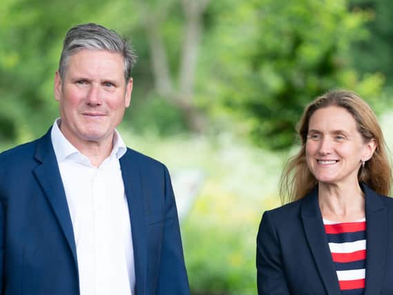 Keir Starmer and Labour candidate Kim Leadbeater during a visit to the Jo Cox Community Wood in Liversedge