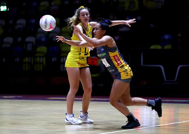 Brie Grierson, of Leeds Rhinos, passes the ball during the Vitality Netball Super League third-place play-off defeat to Manchester Thunder at Copper Box Arena. Picture: Chloe Knott/Getty Images for England Netball.