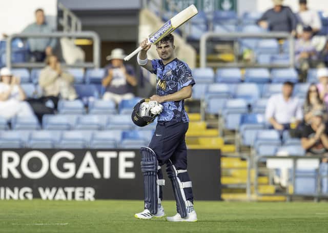 Top bat: Yorkshire's Jordan Thompson thanks the fans for their support after being dismissed for 74 against Northants. Picture: SWPix