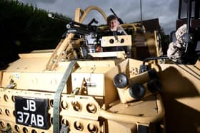 Pictured, Oliver McIntyre pictured in a Jackal vehicle on display at the Hare and Hounds pub, Riccall, to celebrate Armed Forces Day 2021...26th June 2021..Photo credit: Simon Hulme/JPIMedia
