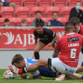 Influential Leeds Rhinos full-back Richie Myler touches down against Salford Red Devils. Picture: Steve Riding.