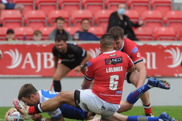 Influential Leeds Rhinos full-back Richie Myler touches down against Salford Red Devils. Picture: Steve Riding.