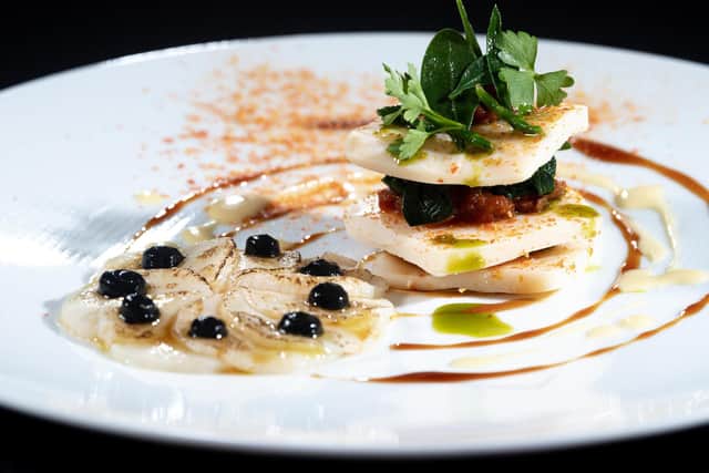Scallop, Squid and Tomato Lasagne, Sea Vegetables, Tomato Butter. Picture: James Hardisty