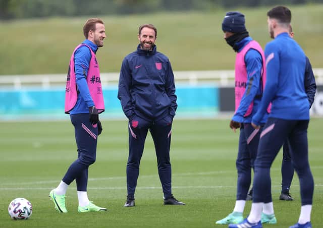 LOOK FORWARD, NOT BACK: England coach Gareth Southgate, talks to Harry Kane during the England training Session at St George's Park. Picture: Catherine Ivill/Getty Images