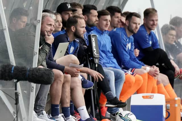 THIRD IN LINE: Markus Schopp, pictured far left on the TSV Hartberg bench, has been appointed as Barnsley's new head coach. Picture: Philipp Schalber/Getty Images.