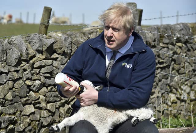 Prime Minister Boris Johnson feeds a lamb during a visit to the Moor Farm in Stoney Middleton, north Derbyshire, but will his post-Brexit trade deals be good for agriculture?
