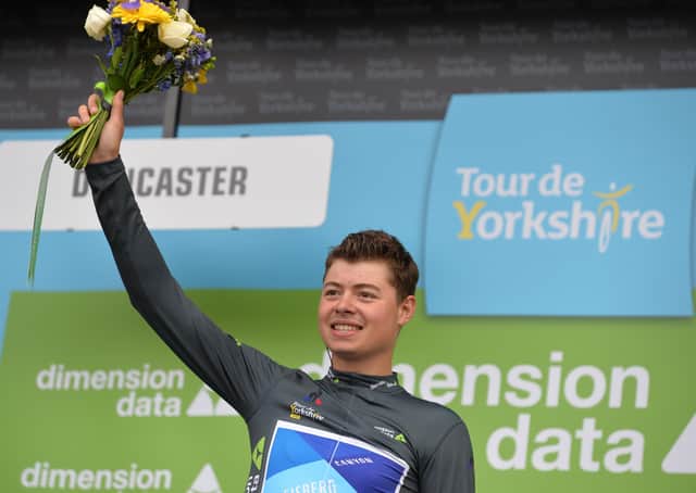 Harry Tanfield celebrates winning a stage of the Tour de Yorkshire into Doncaster in 2018 (Picture: Bruce Rollinson)