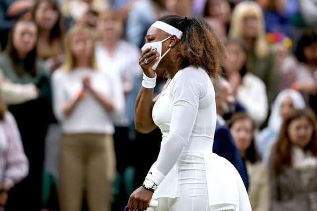 Serena Williams retires from her first round ladies' singles match against Aliaksandra Sasnovich on centre court after picking up an injury on day two of Wimbledon.