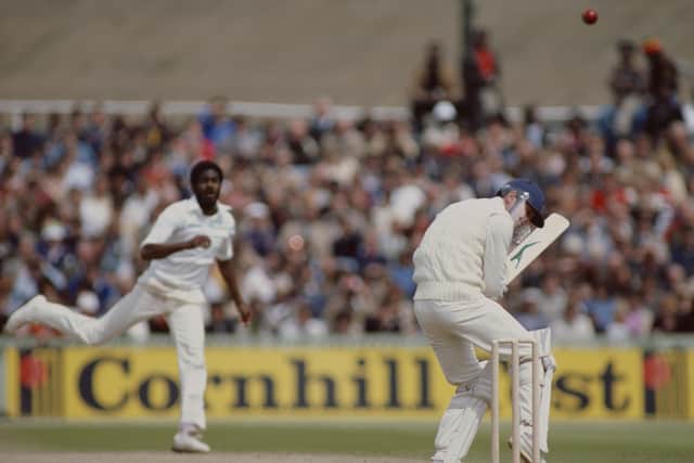 This is Michael Holding bowling to England's Geoffrey Boycott in 1980.