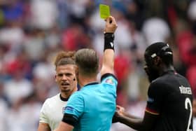 BOOKED: Leeds United and England midfielder Kalvin Phillips receives a yellow card against Germany. Picture: Getty Images.