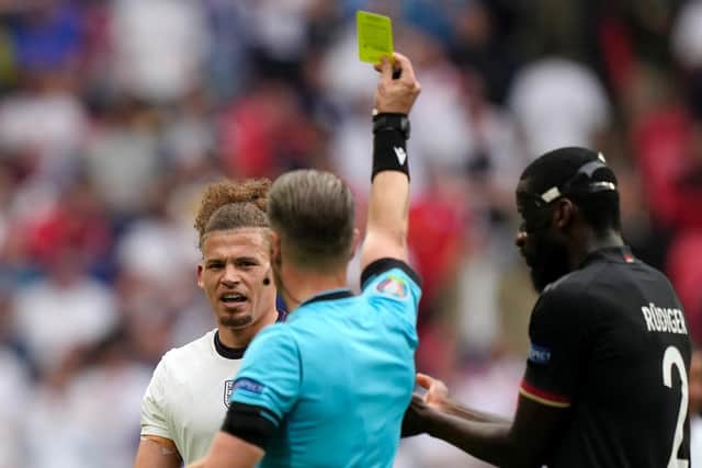 BOOKED: Leeds United and England midfielder Kalvin Phillips receives a yellow card against Germany. Picture: Getty Images.