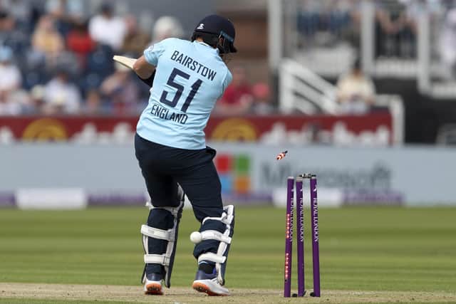 Got him: England's Jonny Bairstow is bowled out by Sri Lanka's Binuru Fernando. (AP Photo/Scott Heppell)